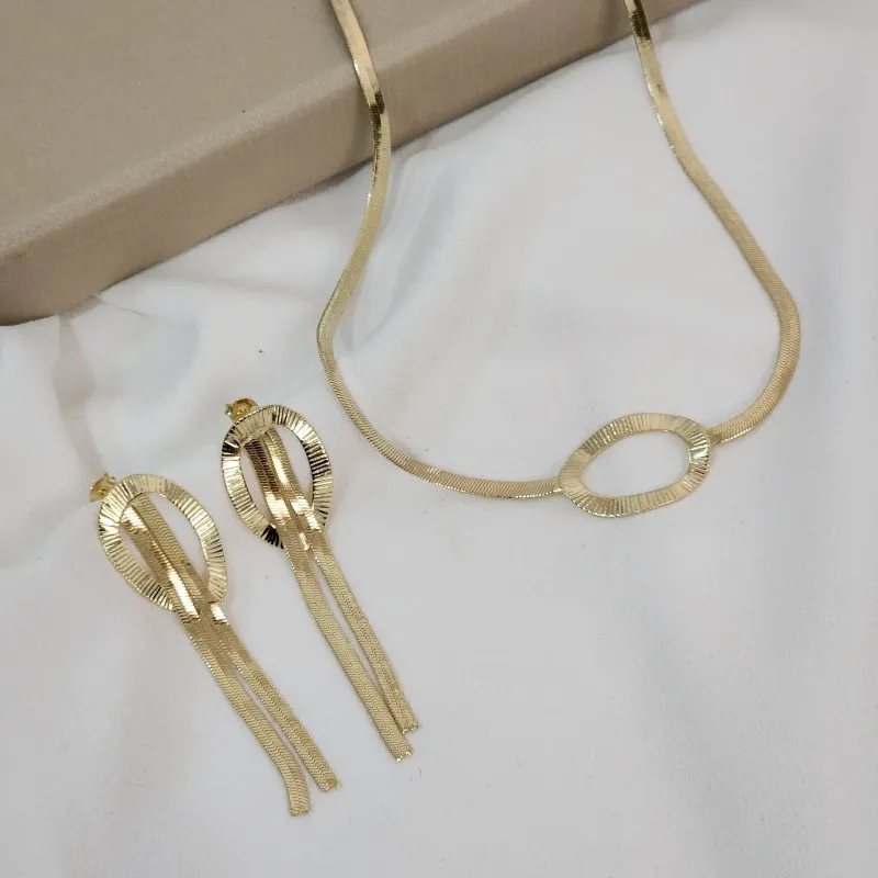 Conjunto Trabalhado Corrente Malha banhado Ouro 18k