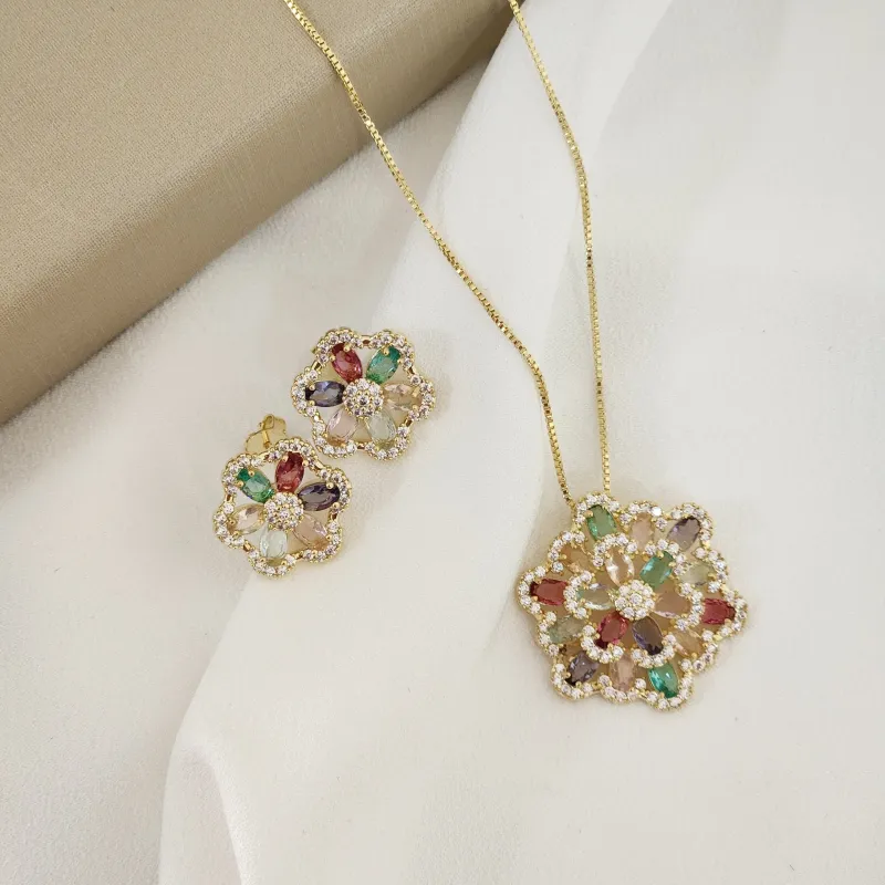 Conjunto Flor Colorido Zircônia banhado Ouro 18k