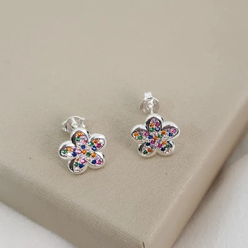 Brinco Flor Zircônia Cravejada Colorida banhado Prata