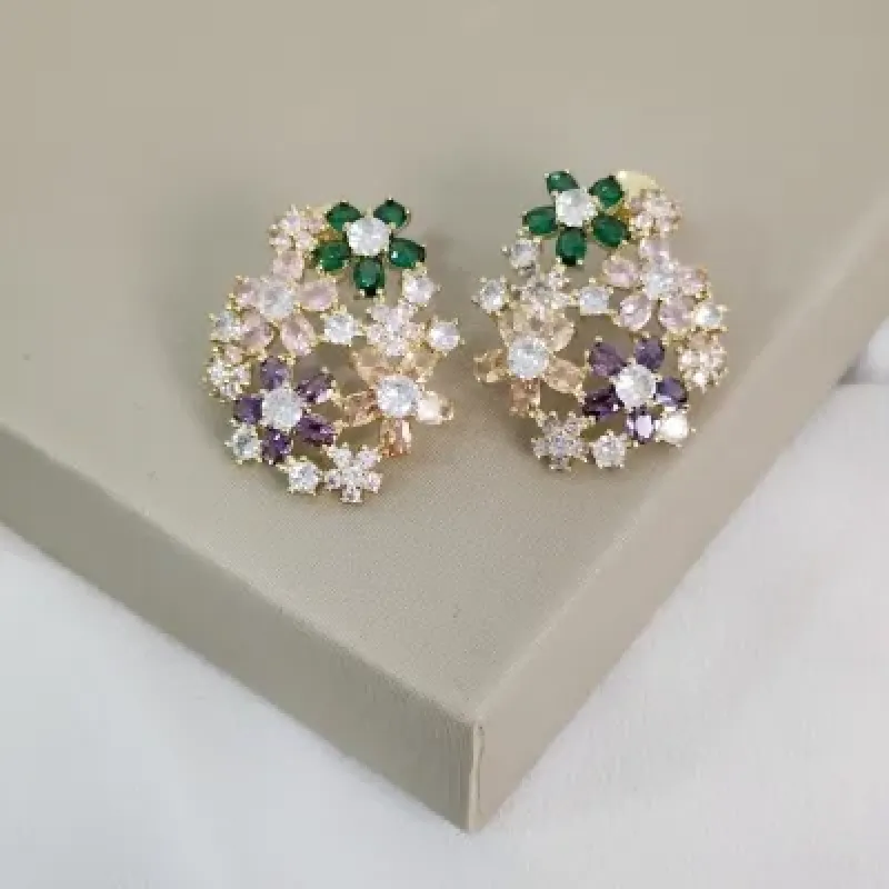 Brinco Flores Cravejado Zircônia Colorida Banhado a Ouro 18K