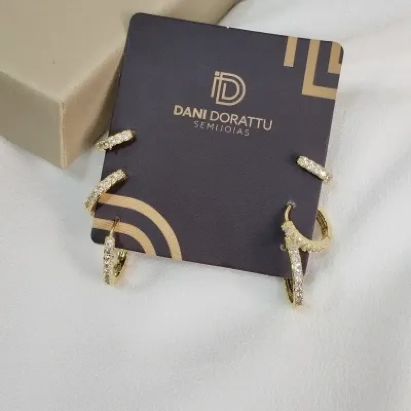 Brinco Trio Argola Click Zircônia Banhado a Ouro 18k