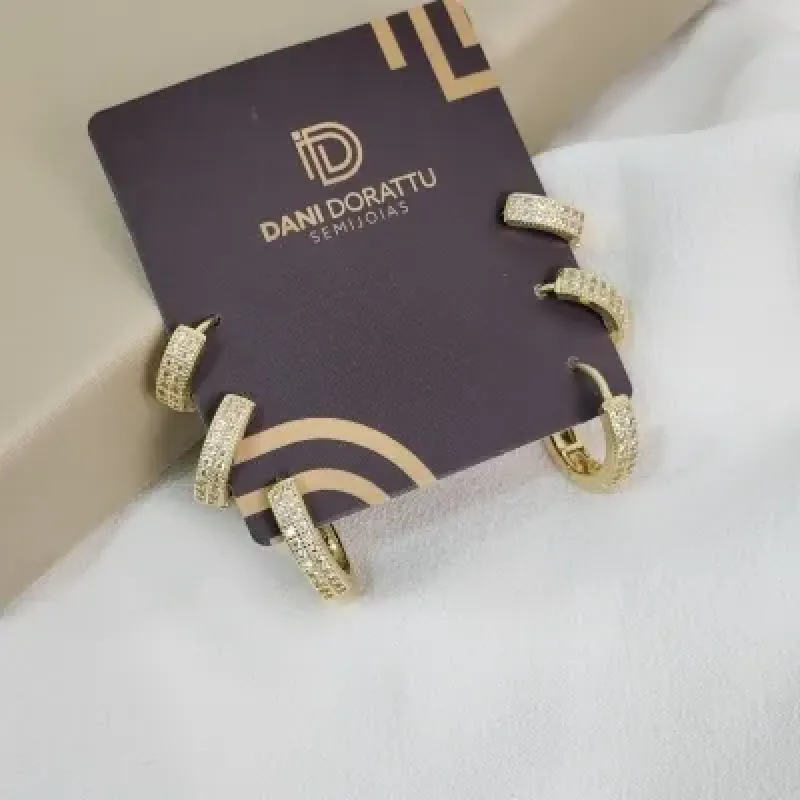 Brinco Trio Argola Click Zircônia Banhado a Ouro 18k