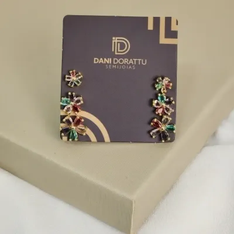 Brinco Trio Flor Pedra Zircônia Colorida Banhado a Ouro 18K