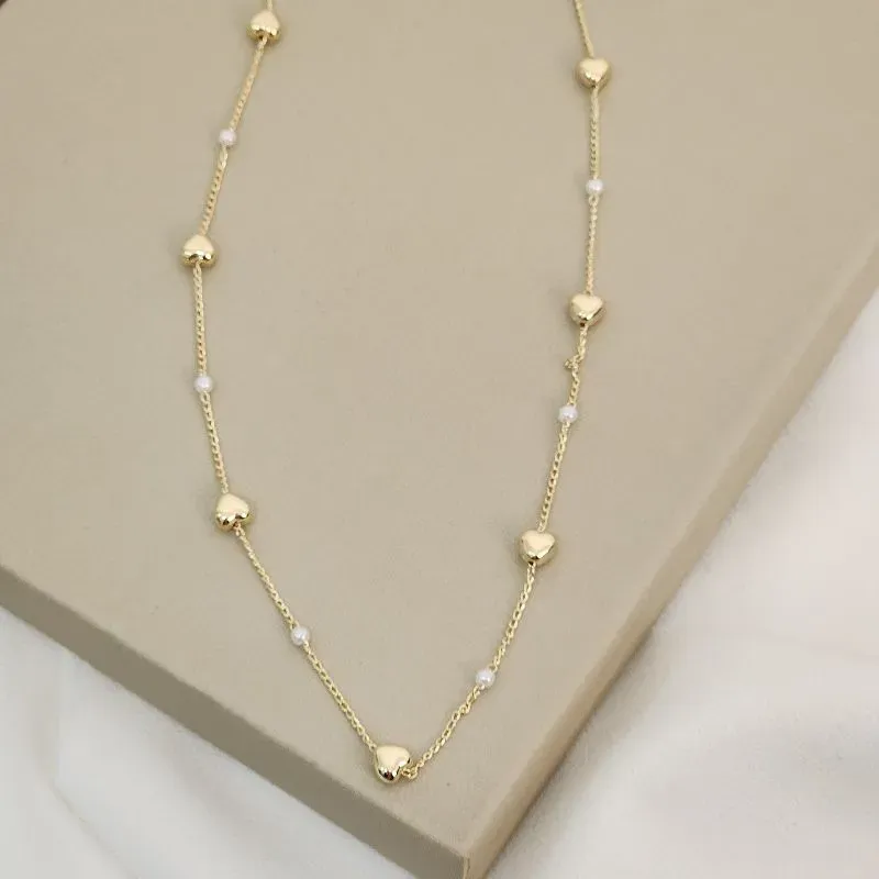 Colar Delicado Choker Pérola Coração Banhado Ouro 18k