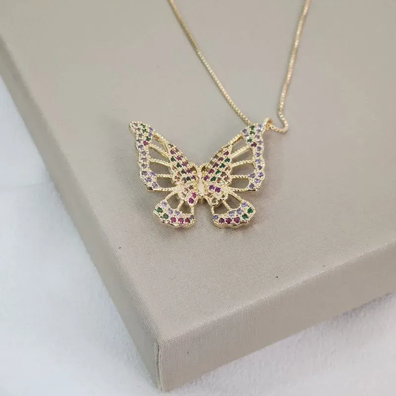 Colar Pingente Borboleta Cravejada Colorida banhada Ouro 18K