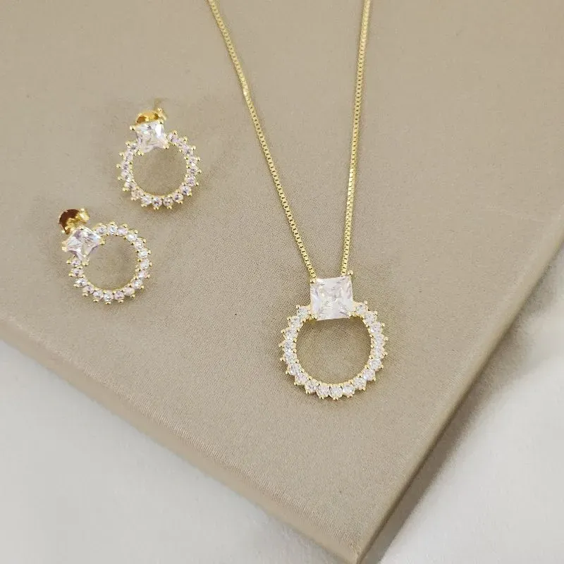 Conjunto Redondo Zircônia  banhado Ouro 18k