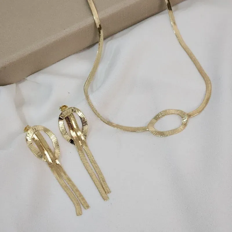 Conjunto Trabalhado Corrente Malha banhado Ouro 18k