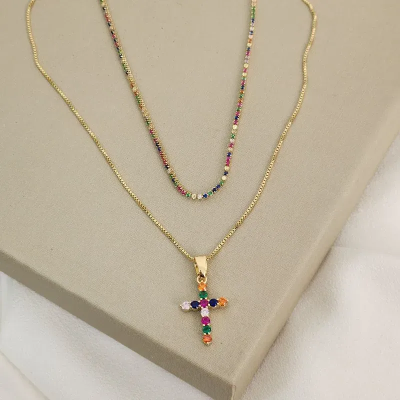Mix Colar Riviera Colorida e Corrente Cruz banhado Ouro 18k
