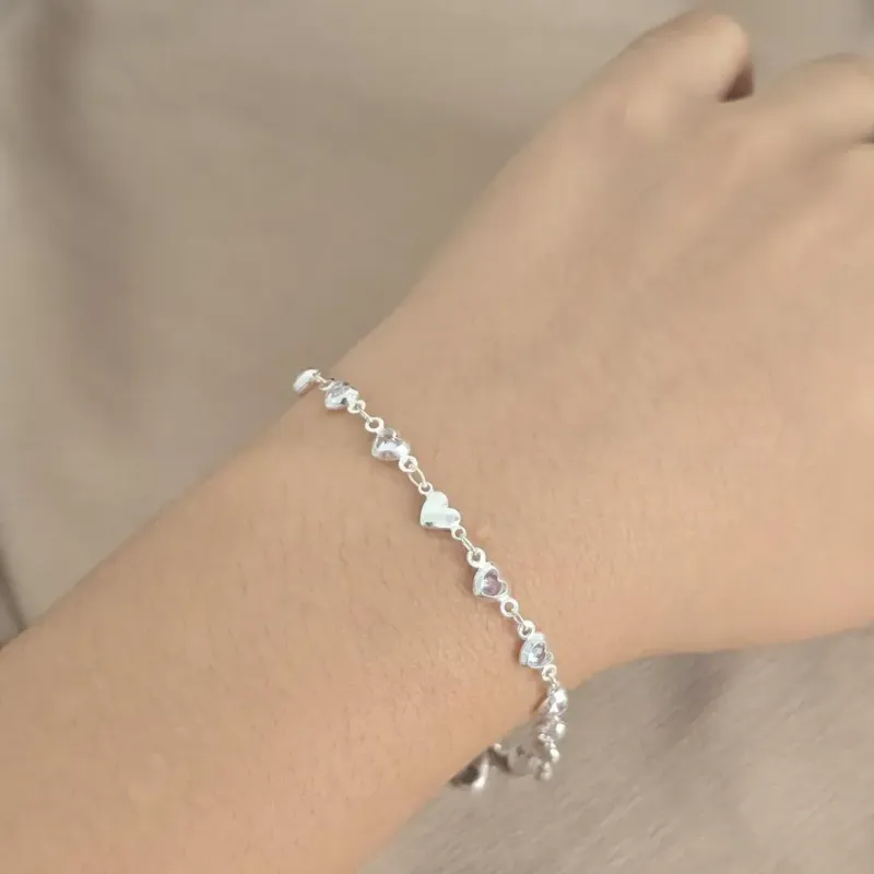 Pulseira Corações Lisos e de Zircônia