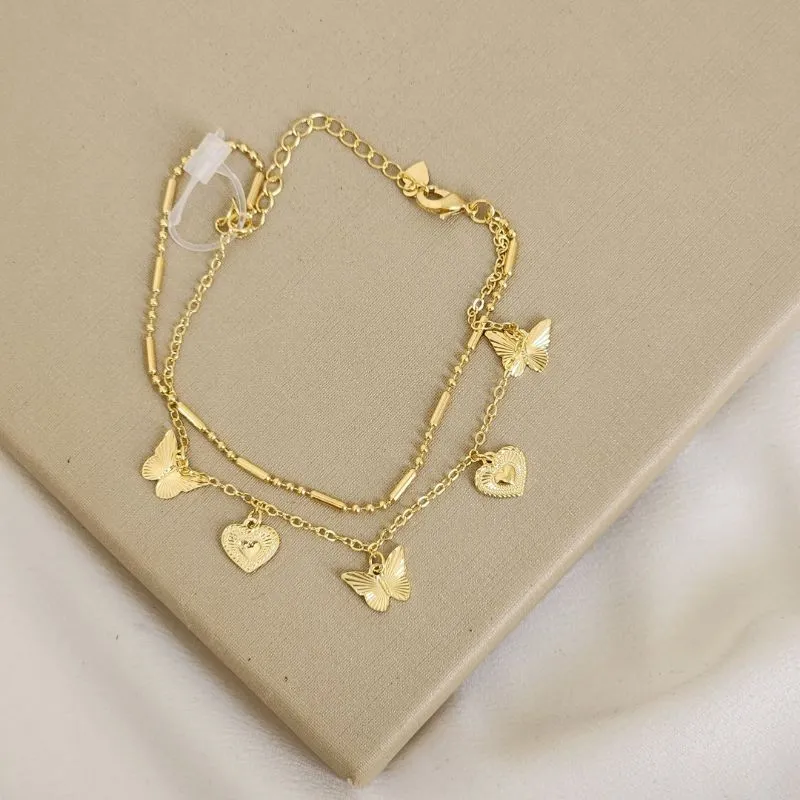 Pulseira Dupla Coração e Borboleta