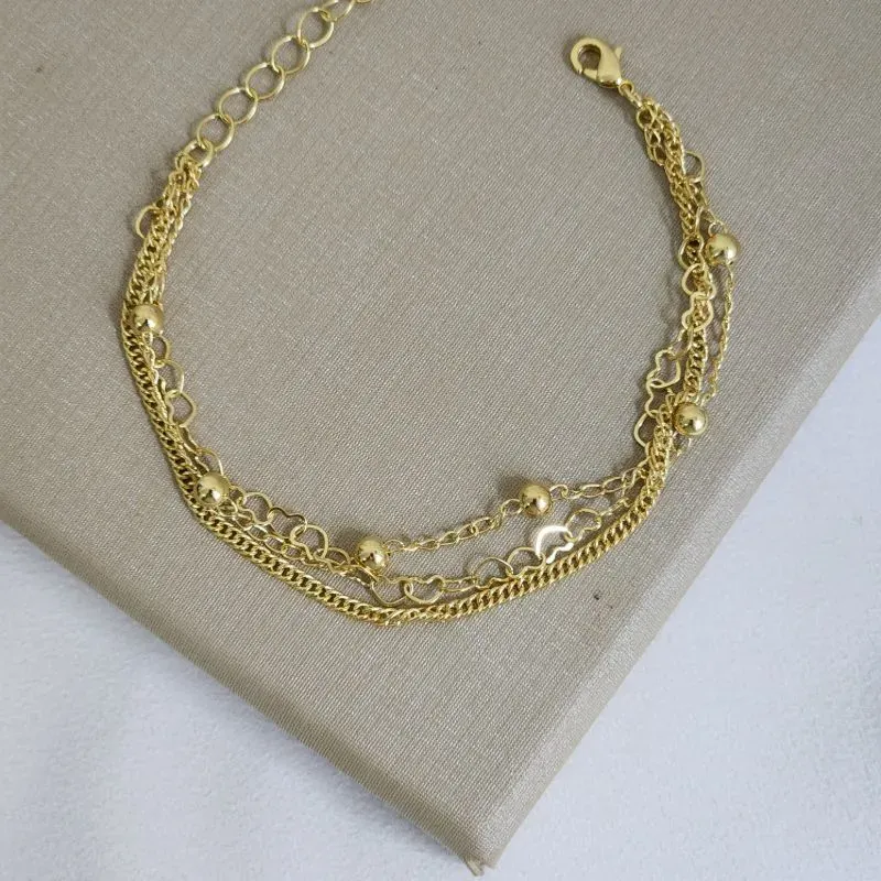 Pulseira Tripla Corações e Bolinhas Lisos