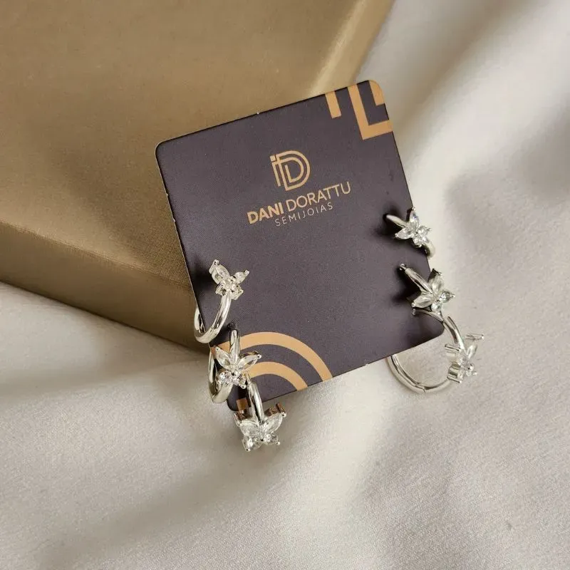 Trio de Argolas Borboletas Zircônia