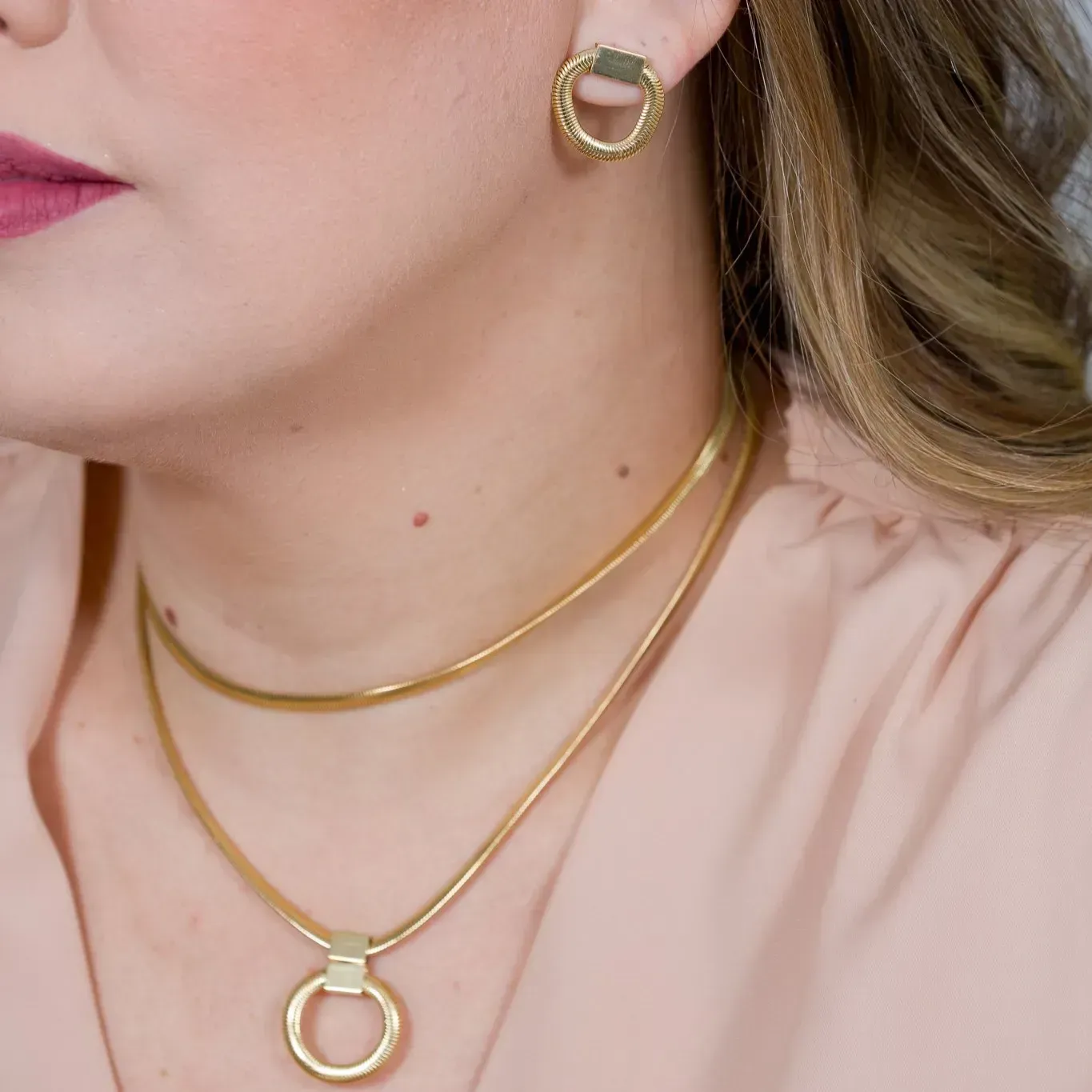 Conjunto Corrente Maleável Pingente Geométrico banhado Ouro 18k