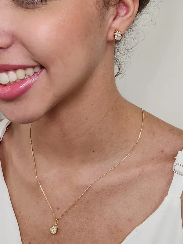 Conjunto Brinco Colar Gota Zircônia Cravejado banhado Ouro 18k