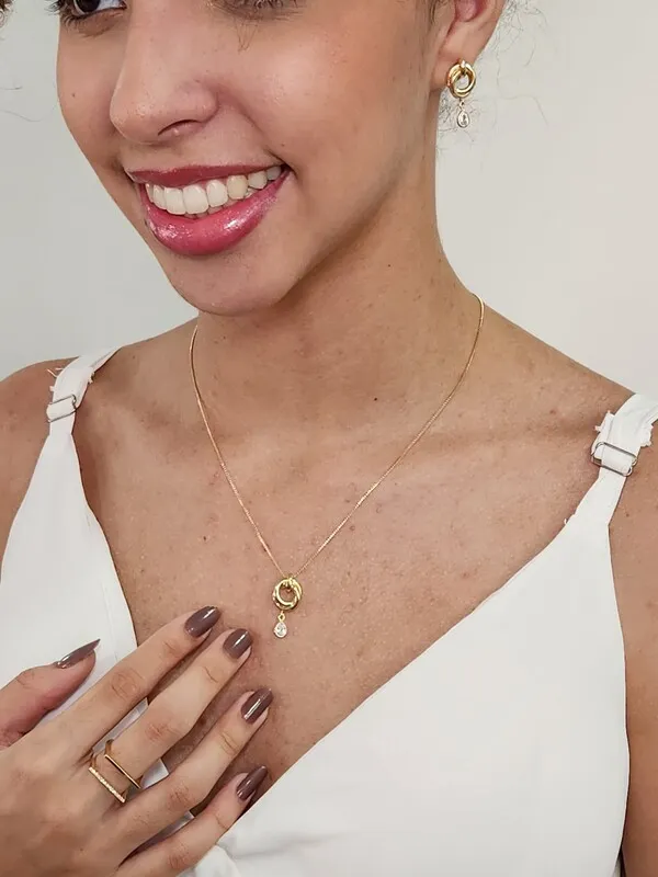 Conjunto Brinco Colar Pingente Redondo Zircônia banhado Ouro 18k