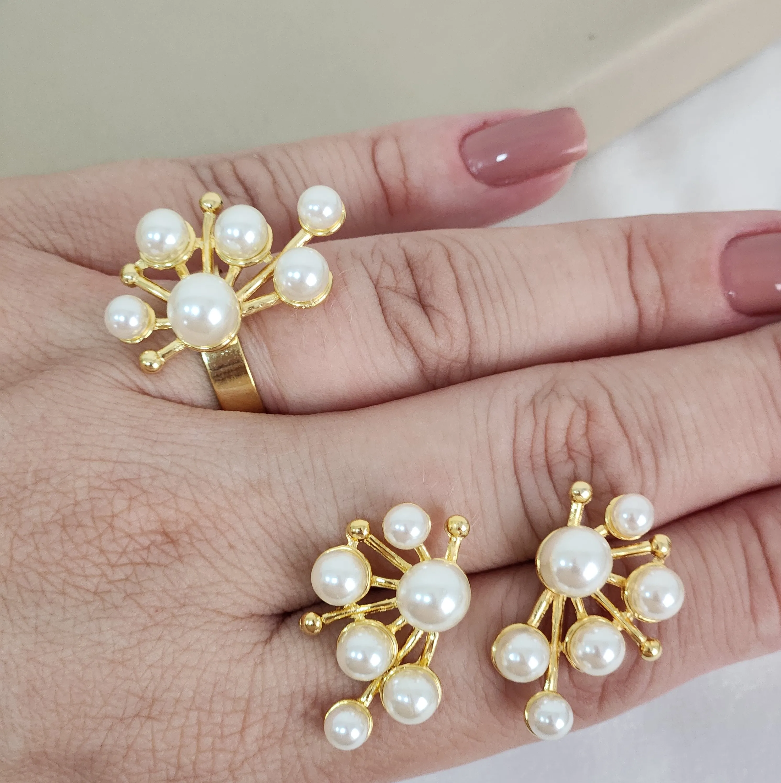 Conjunto Brinco Anel Pérola banhado Ouro 18k