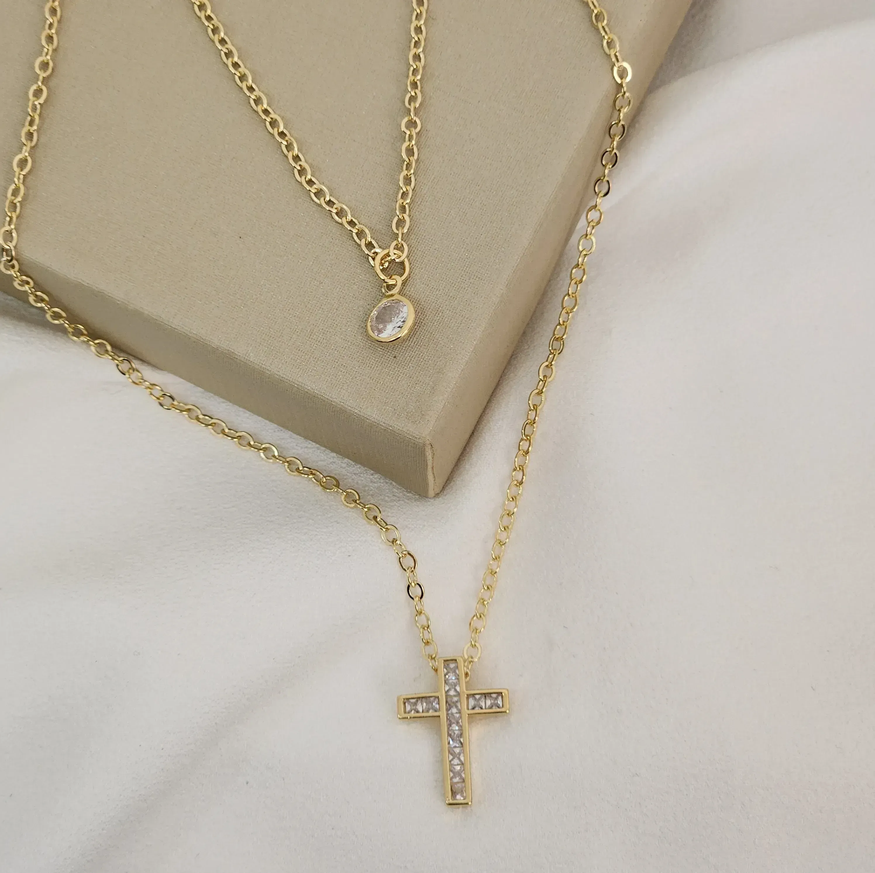 Mix Colar Corrente Elo Português Zircônia Cruz banhada Ouro18k