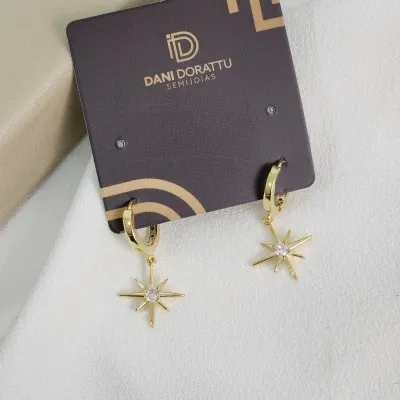 Brinco Argola Click Estrela Zircônia Banhado a Ouro 18k