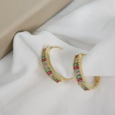Brinco Argola Click Zircônia Colorida Banhado a Ouro 18K