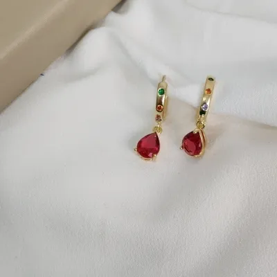 Brinco Argola Click Zircônia Colorida Pingente Gota Banhado a Ouro 18k