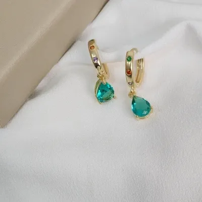 Brinco Argola Click Zircônia Colorida Pingente Gota Banhado a Ouro 18k