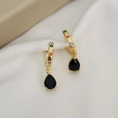 Brinco Argola Click Zircônia Colorida Pingente Gota Banhado a Ouro 18k