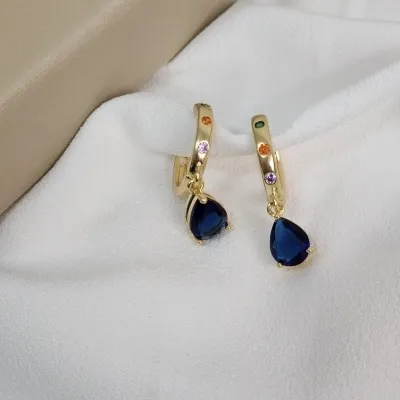 Brinco Argola Click Zircônia Colorida Pingente Gota Banhado a Ouro 18k
