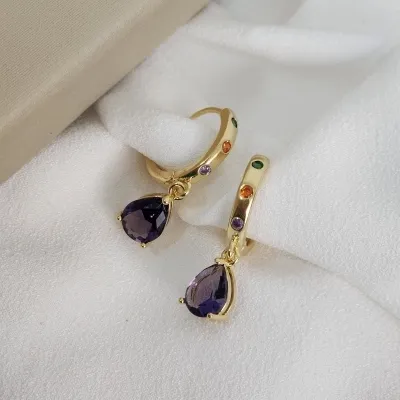 Brinco Argola Click Zircônia Colorida Pingente Gota Banhado a Ouro 18k