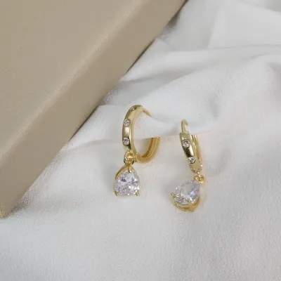 Brinco Argola Click Zircônia Pingente Gota Banhado a Ouro 18k