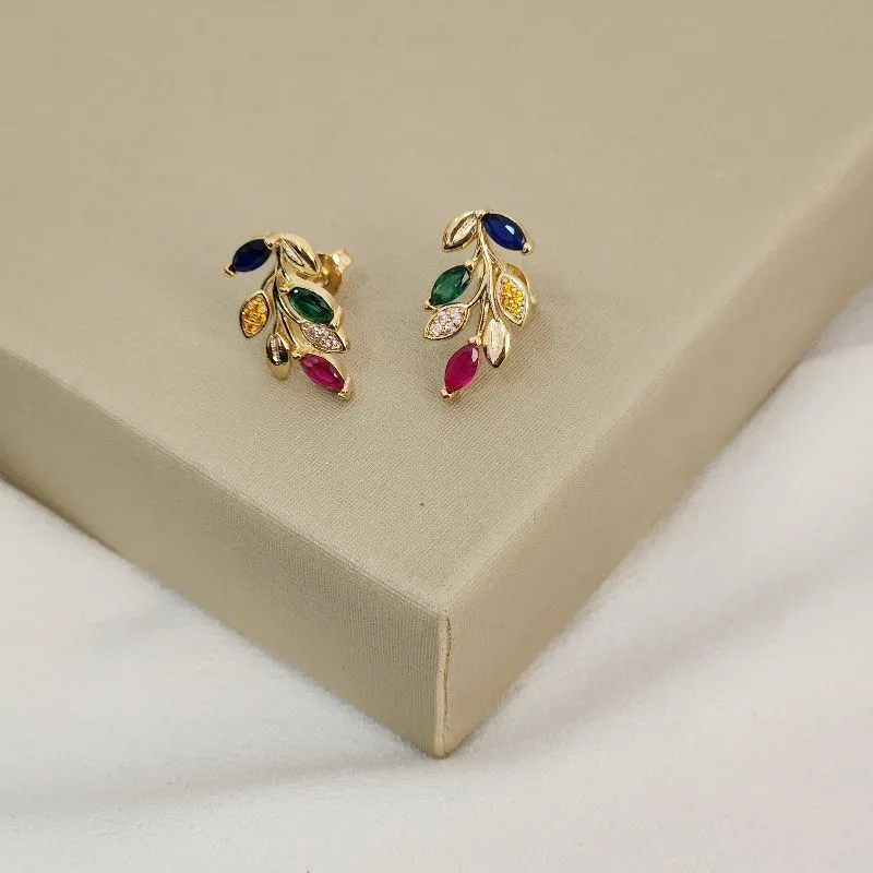 Brinco Delicado Folhinha Zircônia Colorida banhado Ouro 18k