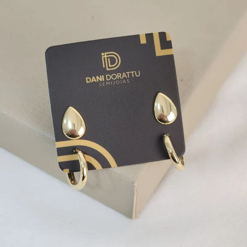 Brinco Duplo Gota Liso banhado Ouro 18k