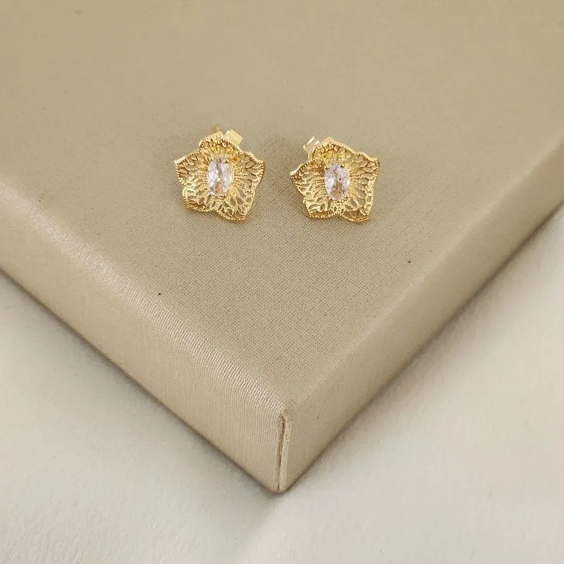 Brinco Flor Ondulada Zircônia banhada Ouro 18k