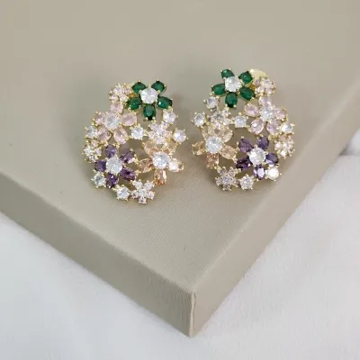 Brinco Flores Cravejado Zircônia Colorida Banhado a Ouro 18K