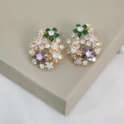 Brinco Flores Cravejado Zircônia Colorida Banhado a Ouro 18K