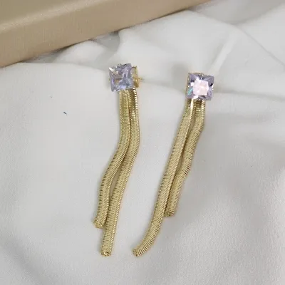 Brinco Longo Fio Maleável Pedra Zircônia Banhado a Ouro 18K