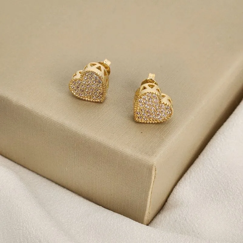 Brinco P Coração Delicado Cravejado Zircônia banhado Ouro 18k