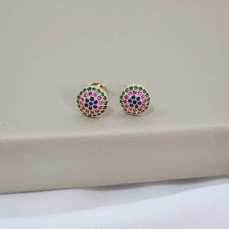 Brinco Redondo Delicado Cravejado Zircônia Colorida banhado Ouro 18k