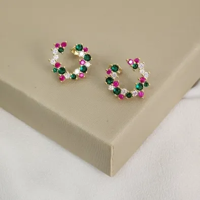 Brinco redondo pequeno com cristais de zirconia - ouro 18k