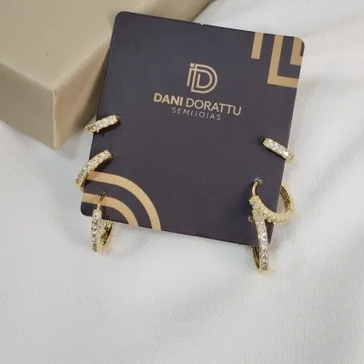 Brinco Trio Argola Click Zircônia Banhado a Ouro 18k