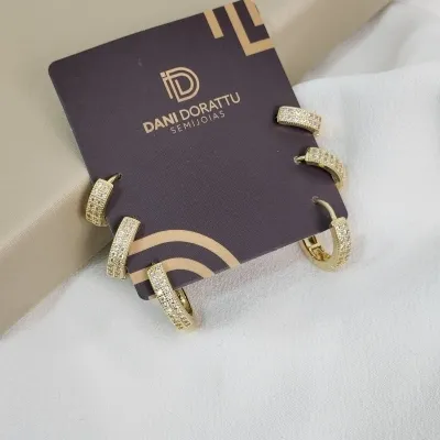 Brinco Trio Argola Click Zircônia Banhado a Ouro 18k