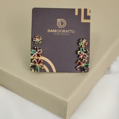 Brinco Trio Flor Pedra Zircônia Colorida Banhado a Ouro 18K