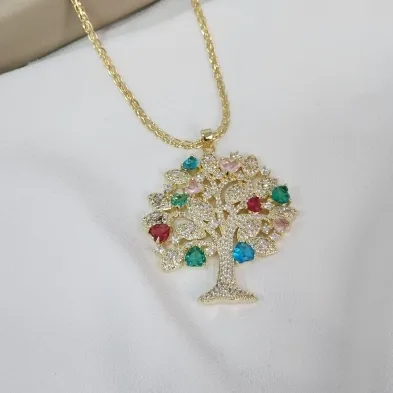 Colar árvore da vida com microzirconia cristal e colorida . Ouro 18k