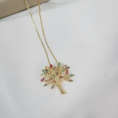 Colar com Pingente Árvores da Vida com Zircônia Colorida Banhado a Ouro 18k