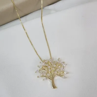 Colar com Pingente Árvores da Vida com Zircônia Cristal  Banhado a Ouro 18k