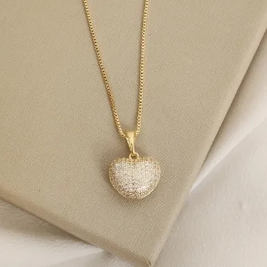 Colar Coração Cravejado banhado Ouro 18k