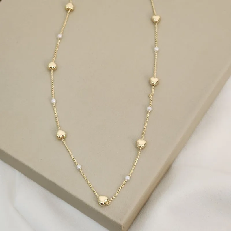 Colar Delicado Choker Pérola Coração Banhado Ouro 18k