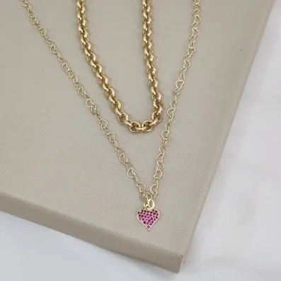 COLAR DUPLO C ELO PORTUGUES E CORAÇÃO ZIRCONIA
