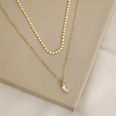 COLAR DUPLO COM CORRENTE DIAMANTADA E CORAÇÃO ZIRCONIA