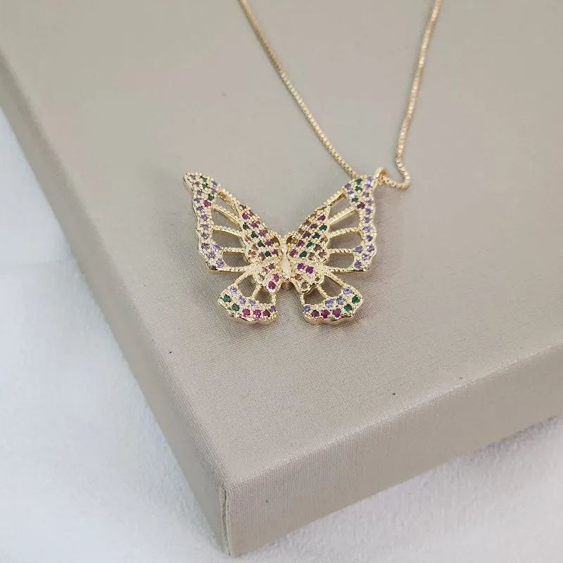 Colar Pingente Borboleta Cravejada Colorida banhada Ouro 18K