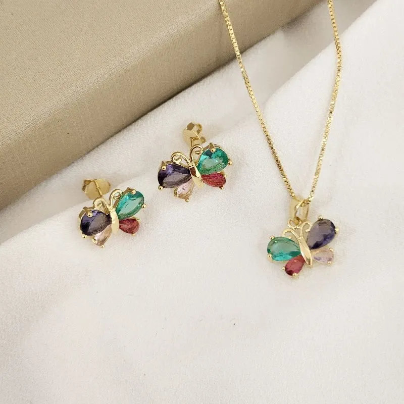 Conjunto Borboleta Colorido banhado Ouro 18k